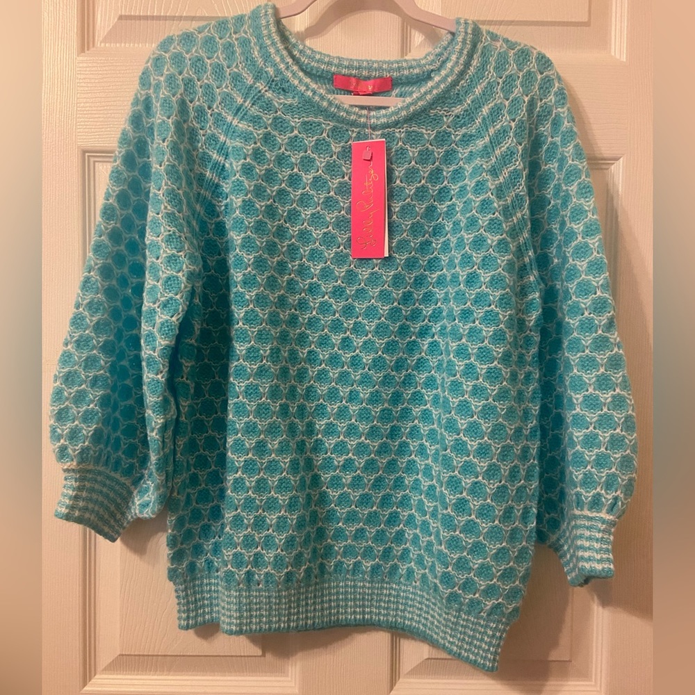 Large Lilly Pulitzer Corabelle Sweater in Turquoise Shore Honeycomb